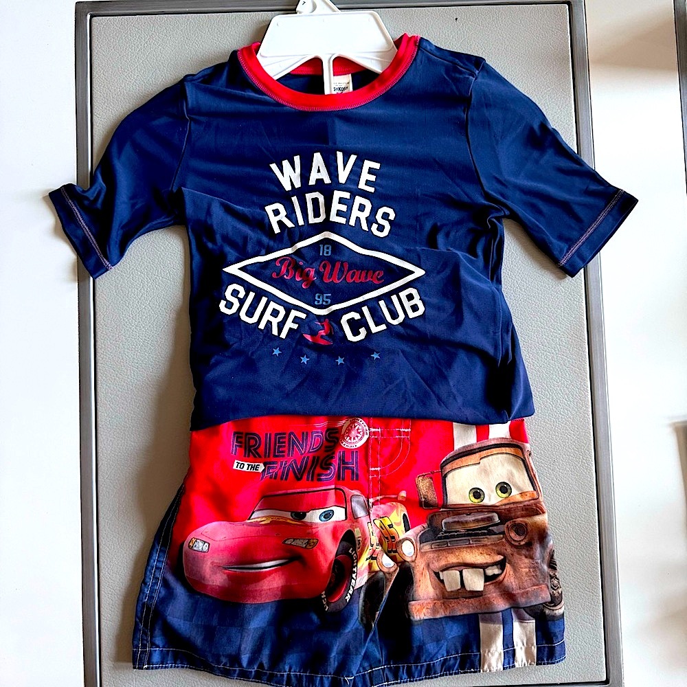 Disney’s Cars McQueen Rash-guard & Swim Trunk | UPF 50+ | Red/Blue | Free Gift